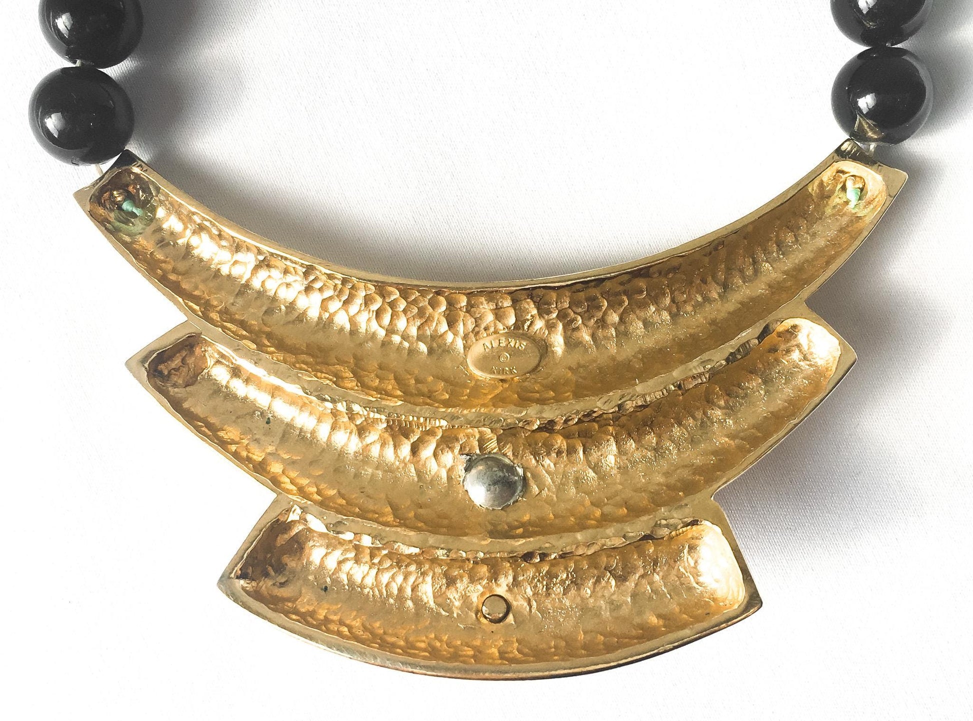 Vintage Alexis Kirk Black Beaded Gold Toned Abstract Bib Necklace, 17", Vintage Modernism Statement Necklace