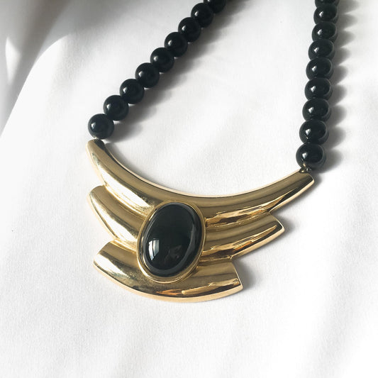 Vintage Alexis Kirk Black Beaded Gold Toned Abstract Bib Necklace, 17", Vintage Modernism Statement Necklace