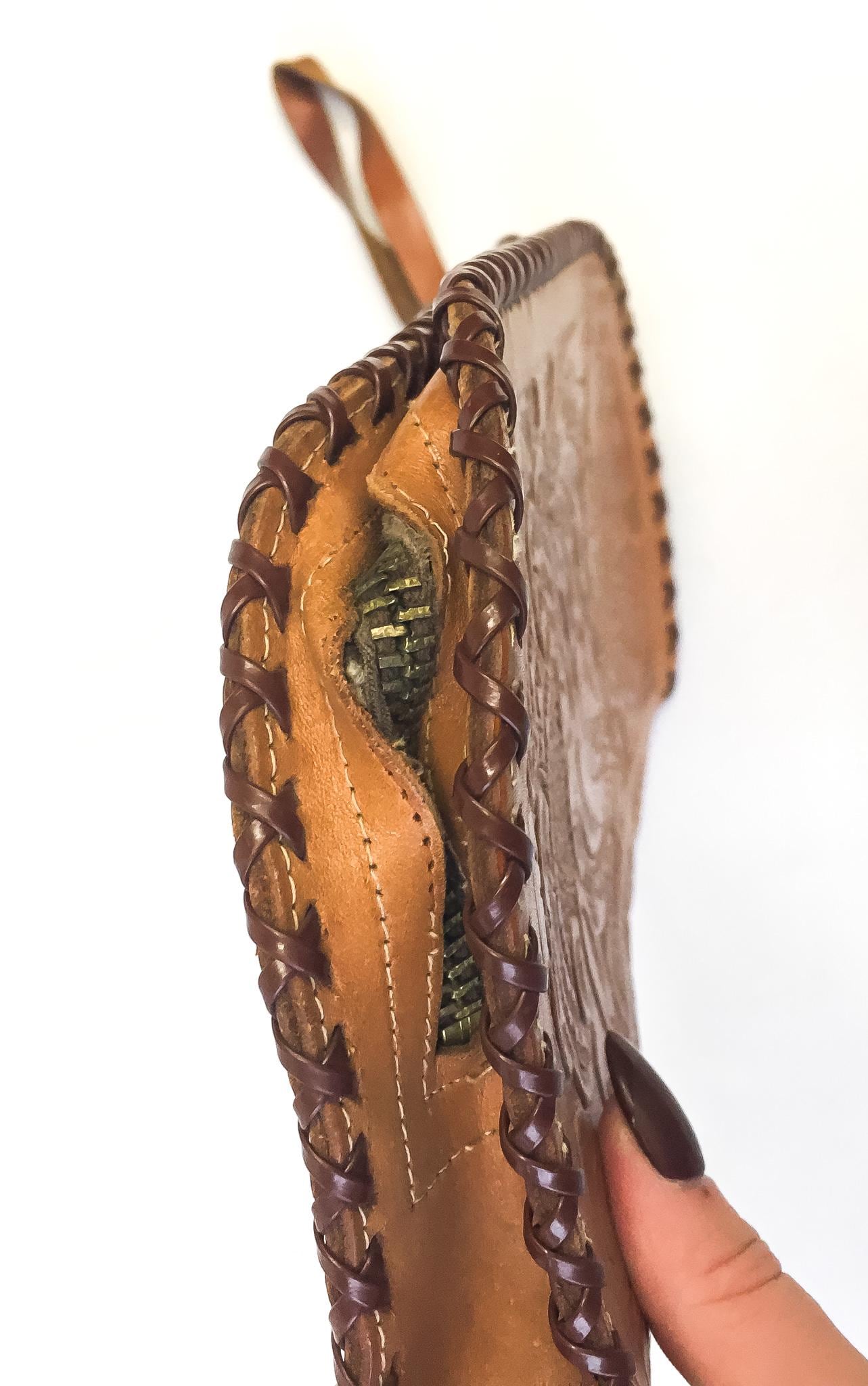 70s Handmade Large Floral Tooled Leather Wristlet Clutch Wallet, Unique Boho Western Handbag