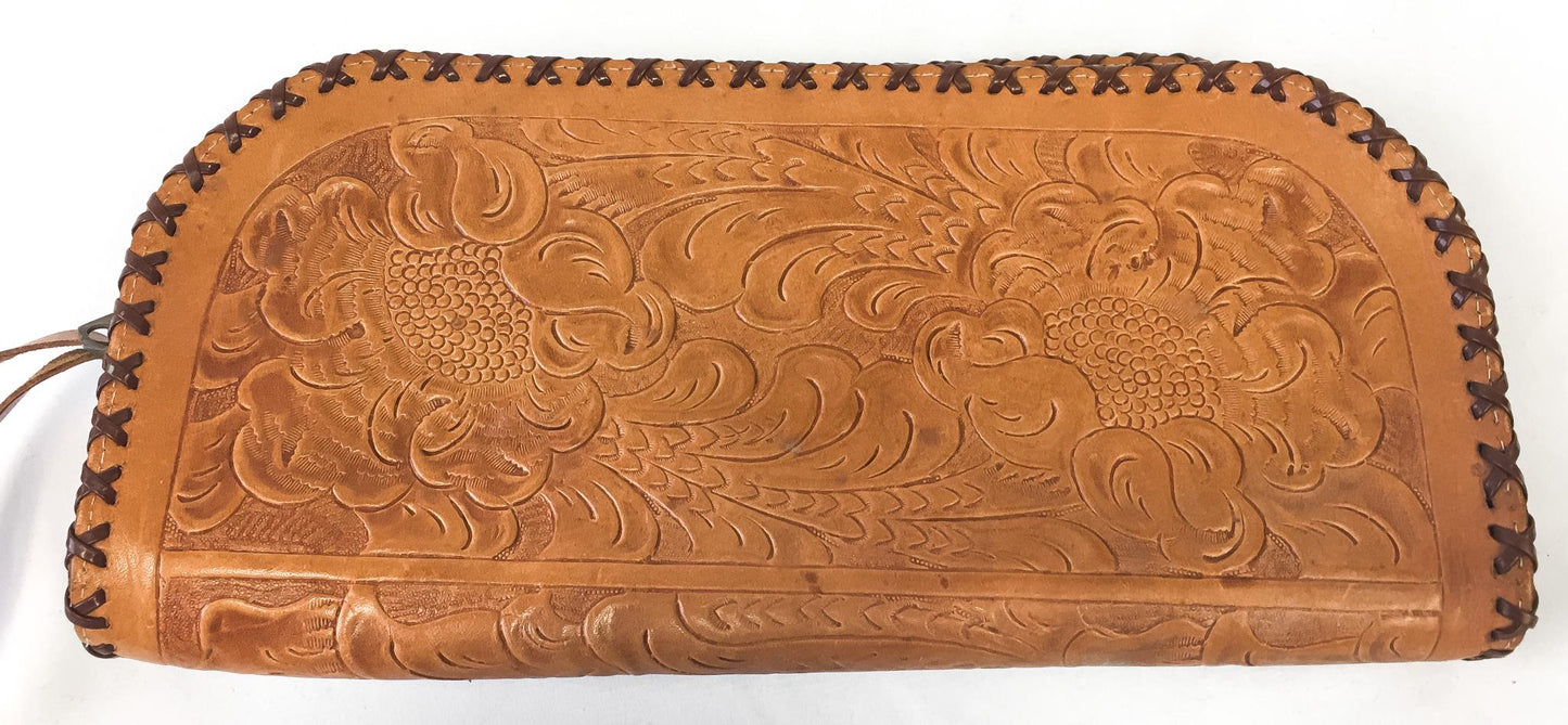 70s Handmade Large Floral Tooled Leather Wristlet Clutch Wallet, Unique Boho Western Handbag