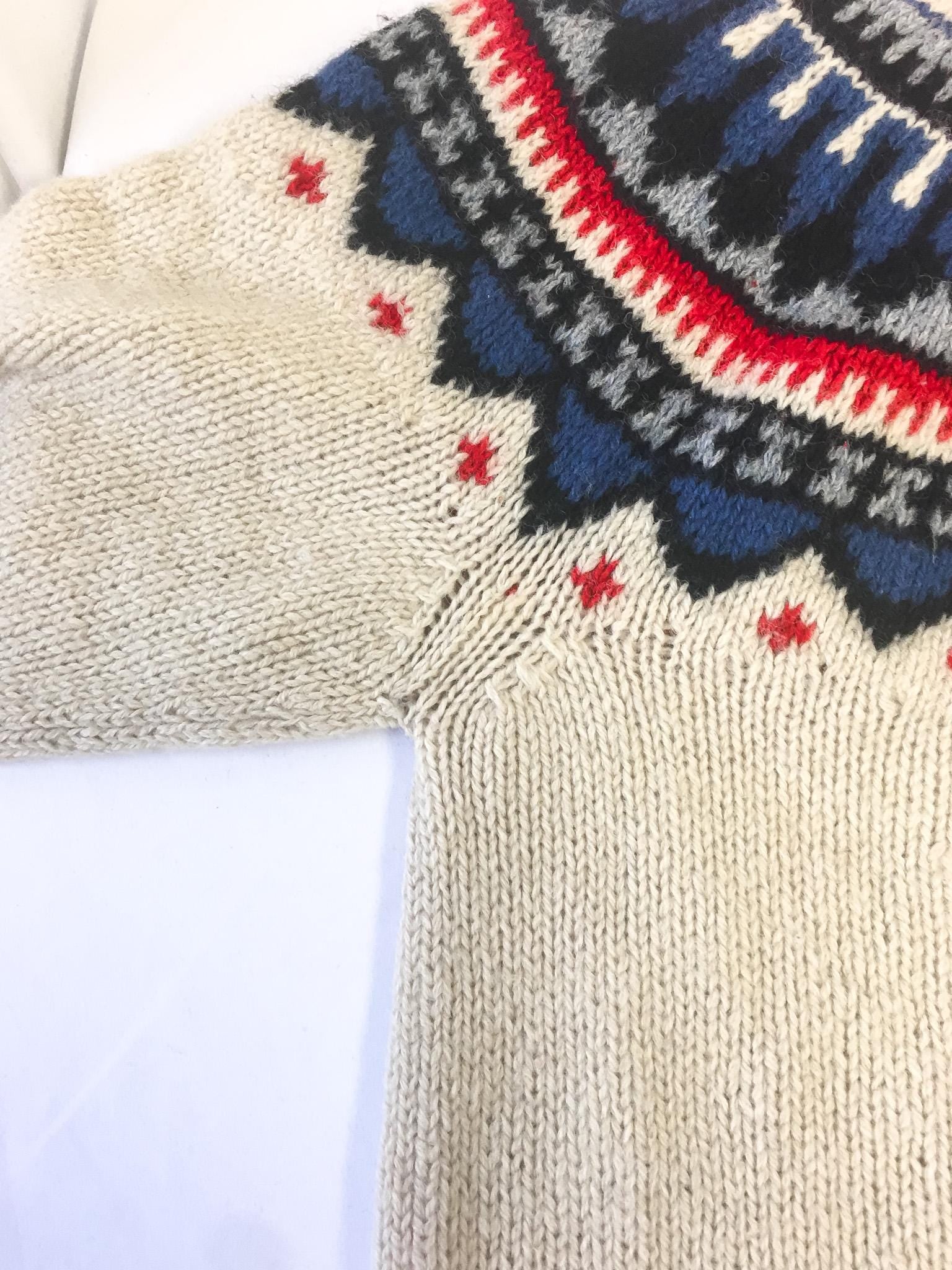 Vintage 80s Eddie Bauer Cream/Red/Blue Abstract Geometric Fair Isle Print Knit Wool Sweater, Women's Sz. M, Vintage Festive Wool Sweater