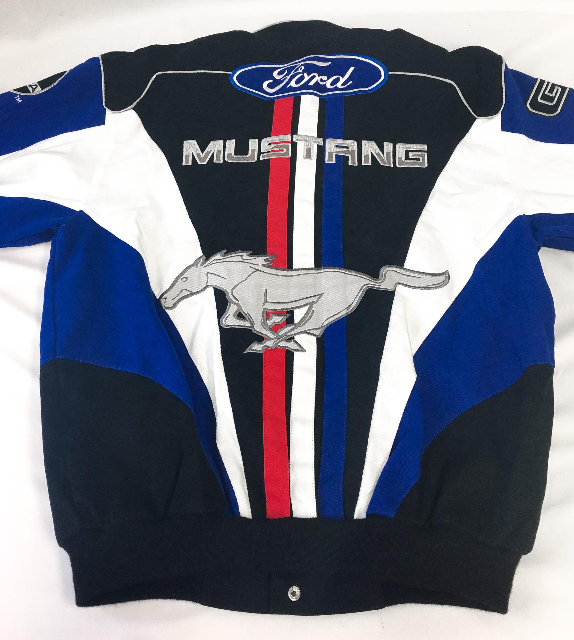 Ford Mustang NASCAR Black/Blue Embroidered Horse Logo Racing Jacket, Men's Sz. M, Vintage Unisex NASCAR F1 Streetwear Jacket