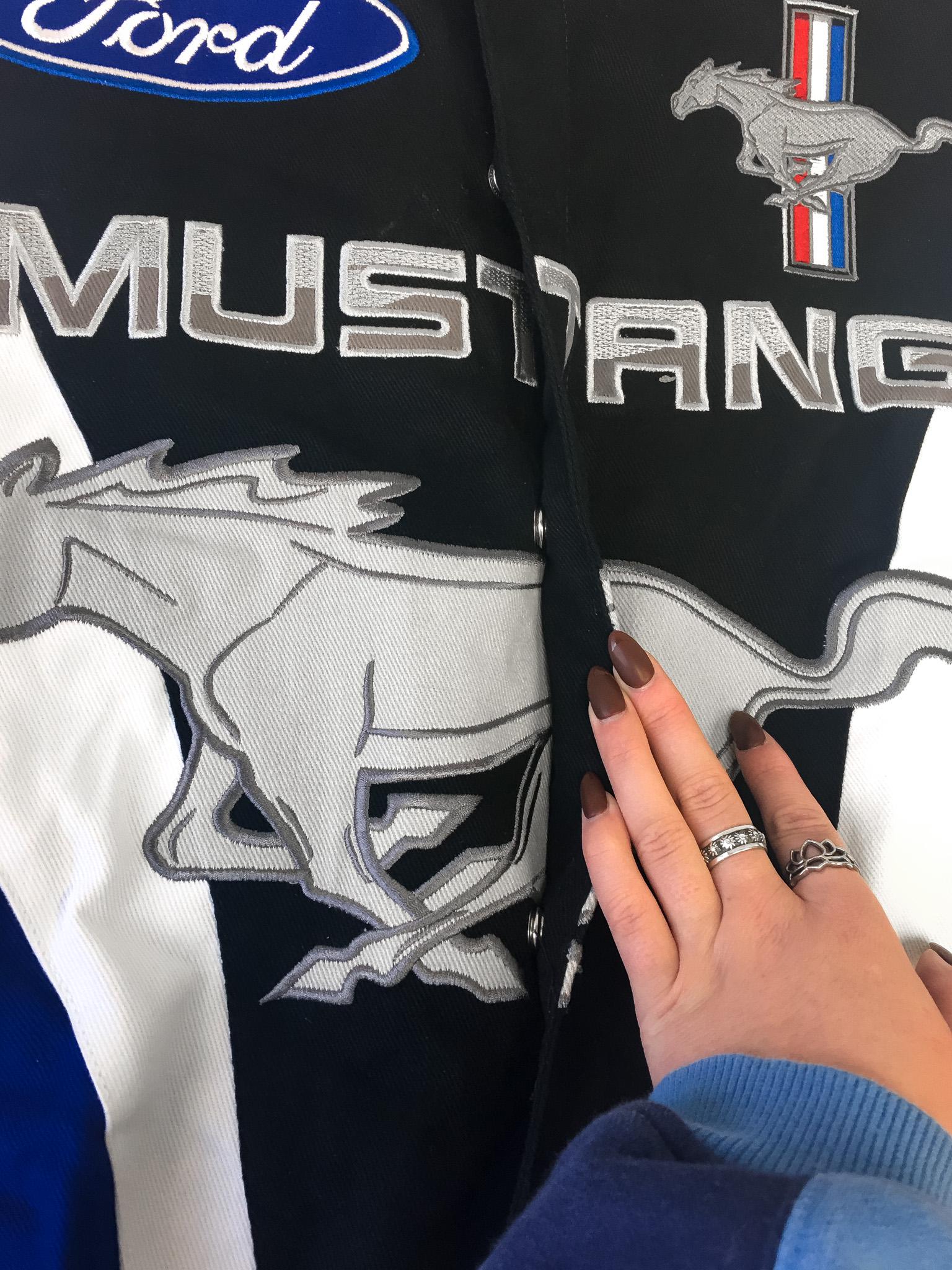 Ford Mustang NASCAR Black/Blue Embroidered Horse Logo Racing Jacket, Men's Sz. M, Vintage Unisex NASCAR F1 Streetwear Jacket