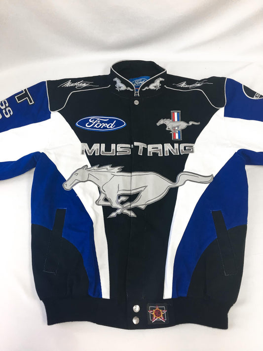 Ford Mustang NASCAR Black/Blue Embroidered Horse Logo Racing Jacket, Men's Sz. M, Vintage Unisex NASCAR F1 Streetwear Jacket