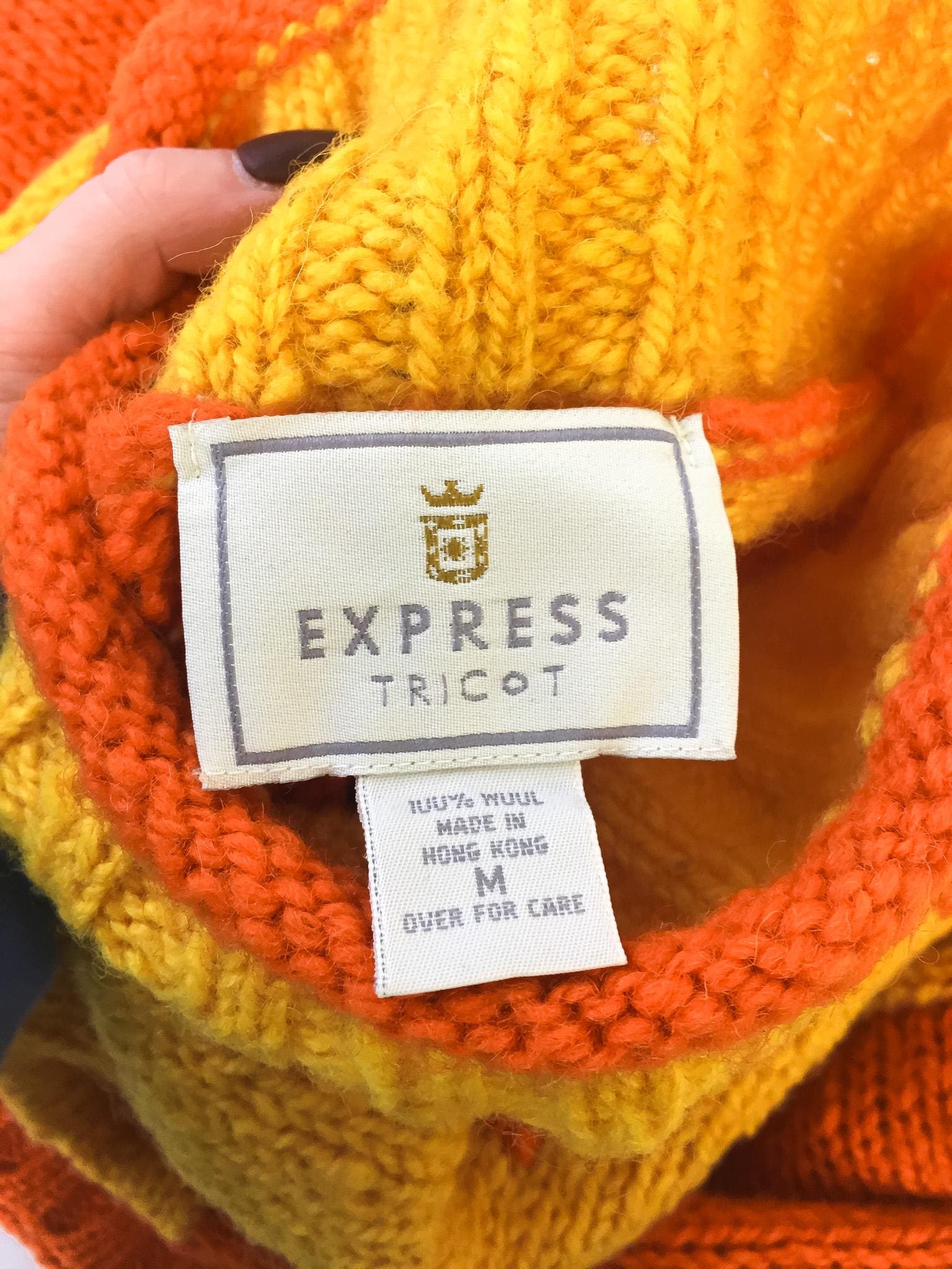 Vintage 90s Express Tricot Yellow Orange Snowflake Chunky Knit Wool Mockneck Sweater, Women's Sz. M, Vintage Retro Unique Festive Sweater