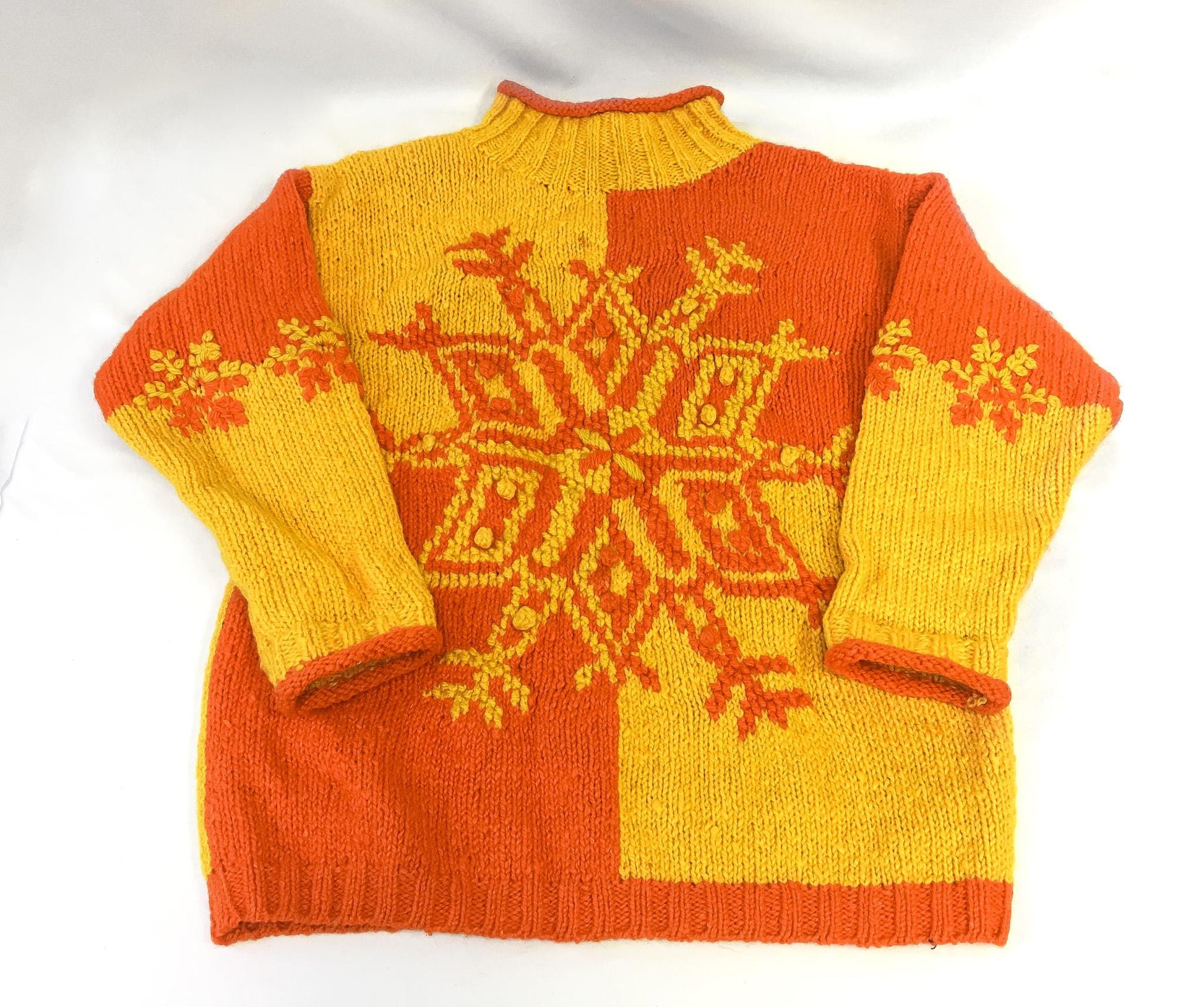 Vintage 90s Express Tricot Yellow Orange Snowflake Chunky Knit Wool Mockneck Sweater, Women's Sz. M, Vintage Retro Unique Festive Sweater