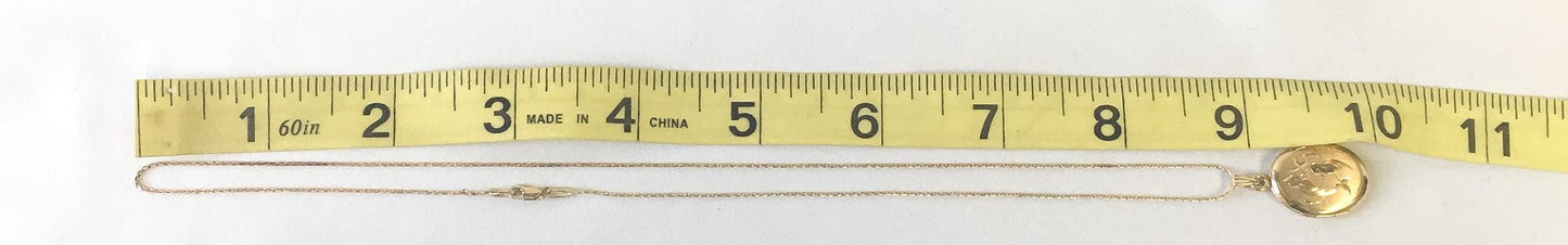 Vintage 14K Yellow Gold Love Bird Etched Oval Locket on 14K 18 Inch Chain, Vintage Elegant Simple Etched Minimalist Locket