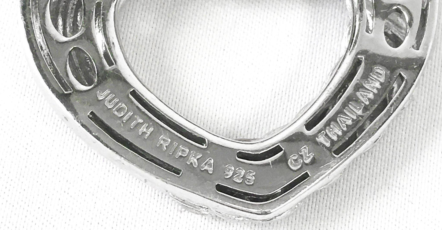 925 Judith Ripka Two Toned Sterling Silver Cubic Zirconia Ribbed Heart Pendant, 1.75", Unique Statement Pendant