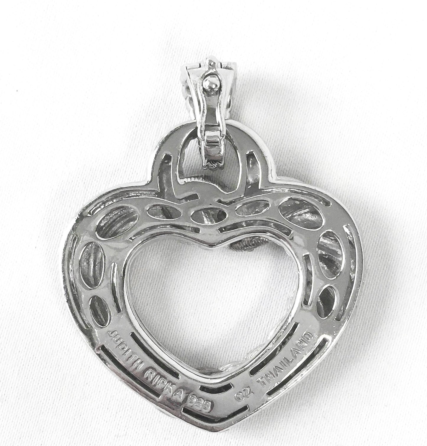 925 Judith Ripka Two Toned Sterling Silver Cubic Zirconia Ribbed Heart Pendant, 1.75", Unique Statement Pendant