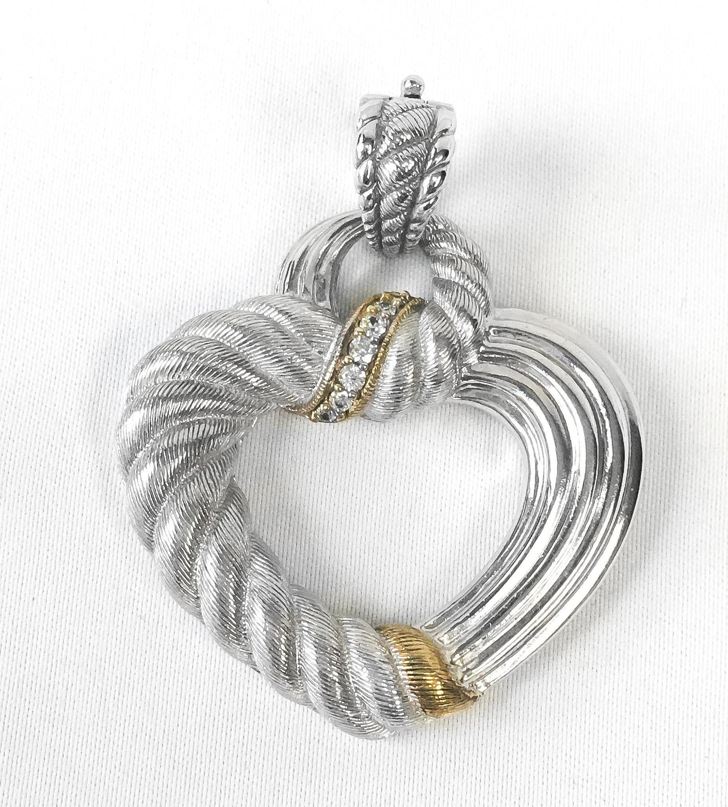 925 Judith Ripka Two Toned Sterling Silver Cubic Zirconia Ribbed Heart Pendant, 1.75", Unique Statement Pendant