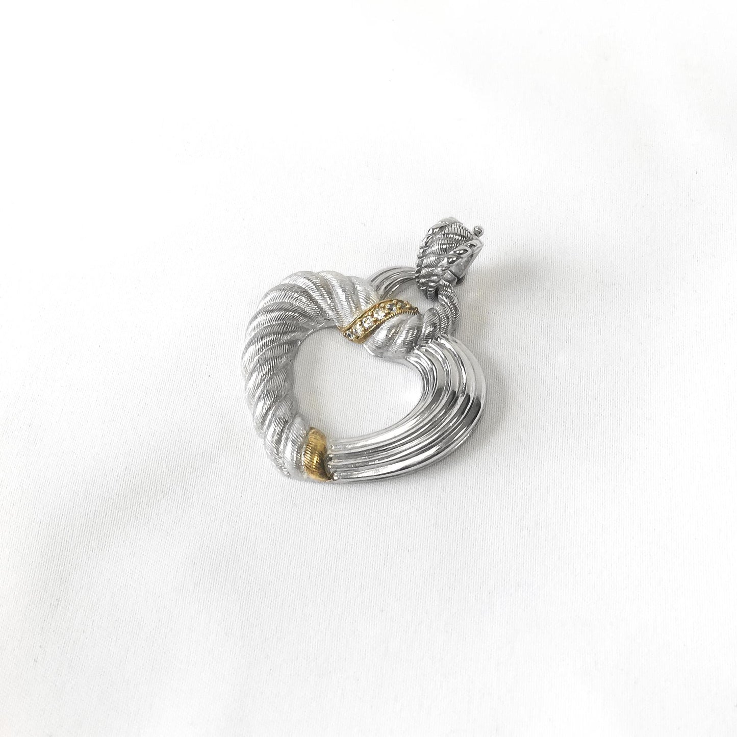 925 Judith Ripka Two Toned Sterling Silver Cubic Zirconia Ribbed Heart Pendant, 1.75", Unique Statement Pendant