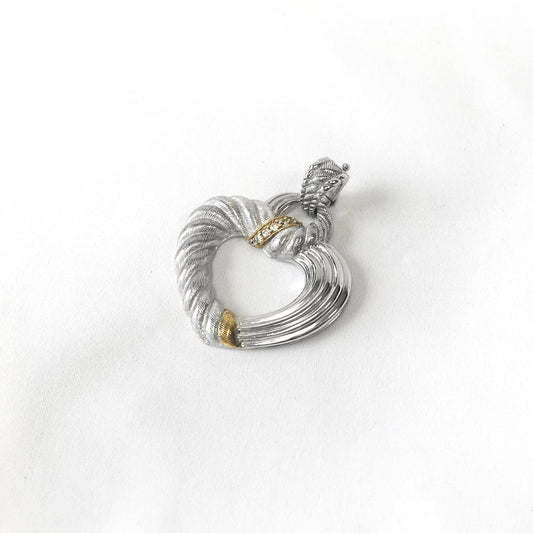 925 Judith Ripka Two Toned Sterling Silver Cubic Zirconia Ribbed Heart Pendant, 1.75", Unique Statement Pendant