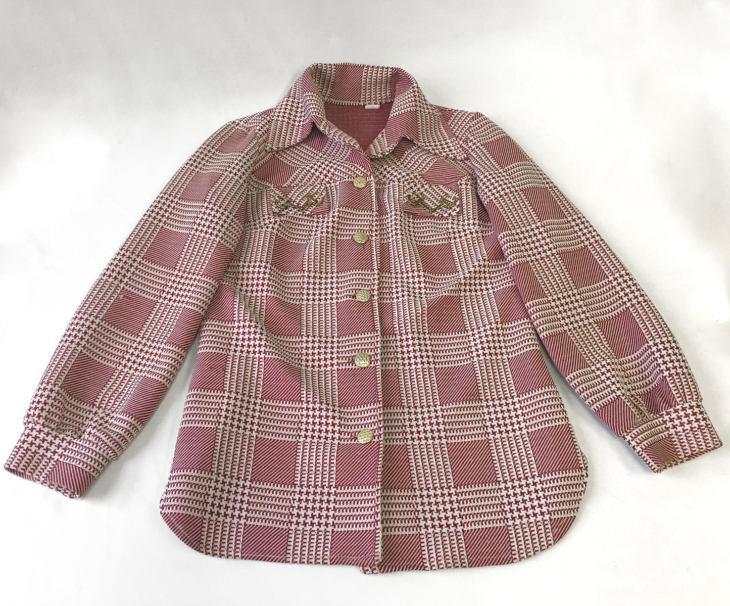 70s Red/White Houndstooth Patterned Button Up Blouse with Gold Accents, Approx. Women's Sz. M, Vintage Classy Minimalist Preppy Style Top