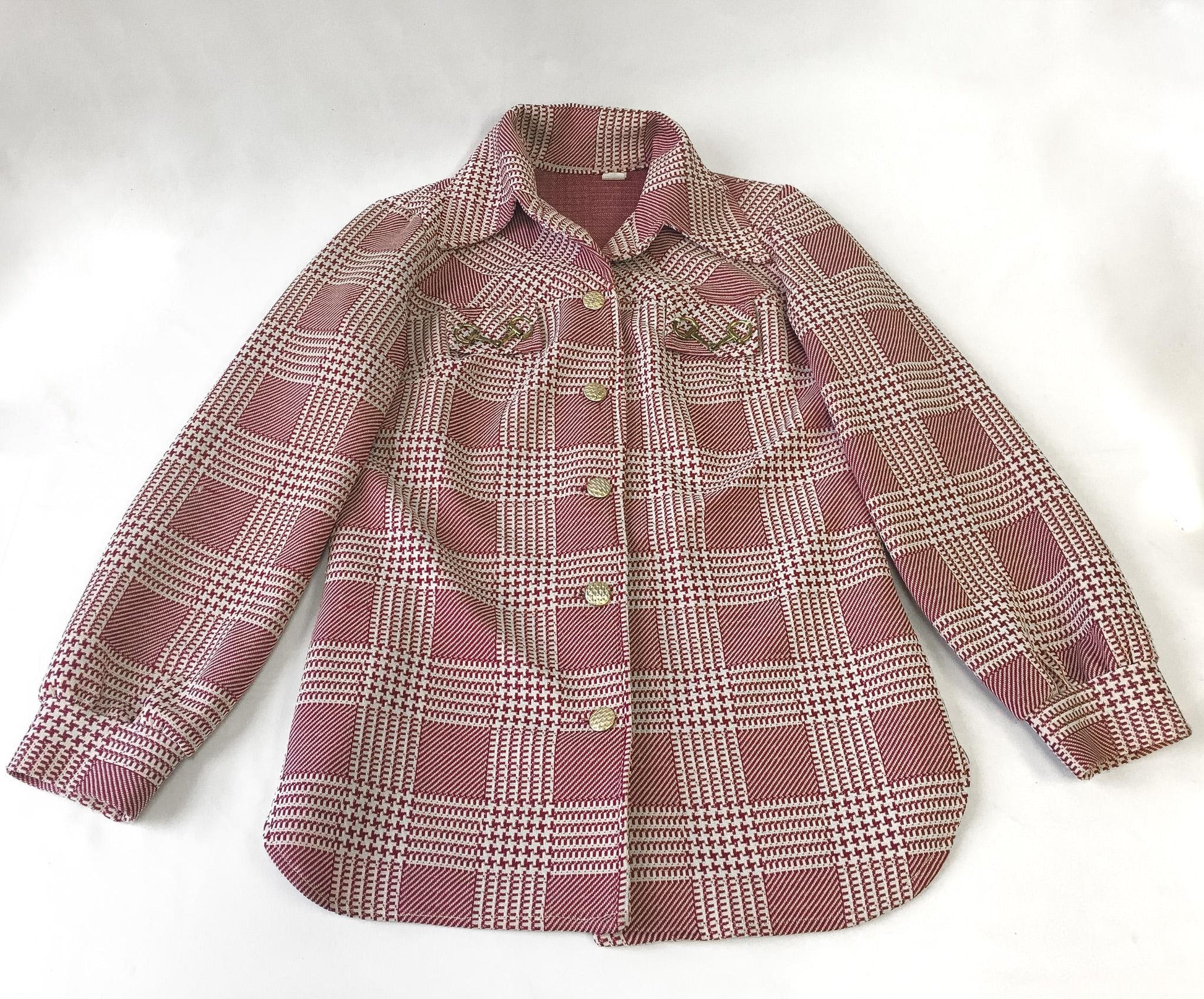 70s Red/White Houndstooth Patterned Button Up Blouse with Gold Accents, Approx. Women's Sz. M, Vintage Classy Minimalist Preppy Style Top