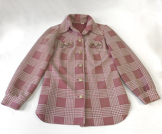70s Red/White Houndstooth Patterned Button Up Blouse with Gold Accents, Approx. Women's Sz. M, Vintage Classy Minimalist Preppy Style Top