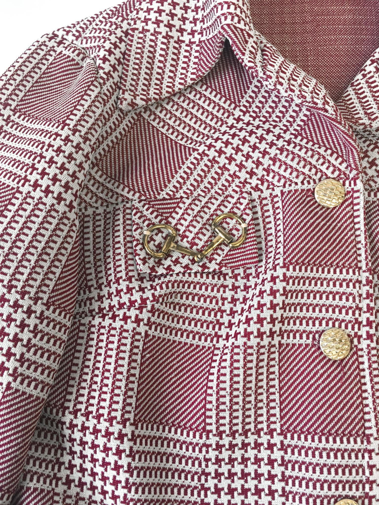 70s Red/White Houndstooth Patterned Button Up Blouse with Gold Accents, Approx. Women's Sz. M, Vintage Classy Minimalist Preppy Style Top
