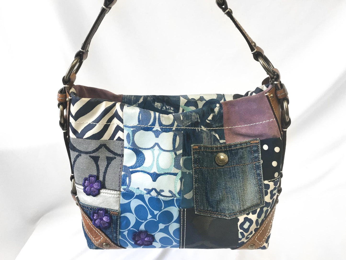 Y2K 00s Coach Carly Denim Patchwork Shoulder Bag, Style #10814, Unique Y2K Coach Handbag