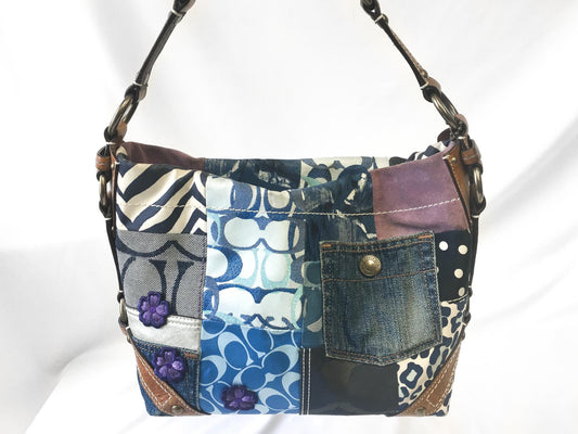 Y2K 00s Coach Carly Denim Patchwork Shoulder Bag, Style #10814, Unique Y2K Coach Handbag