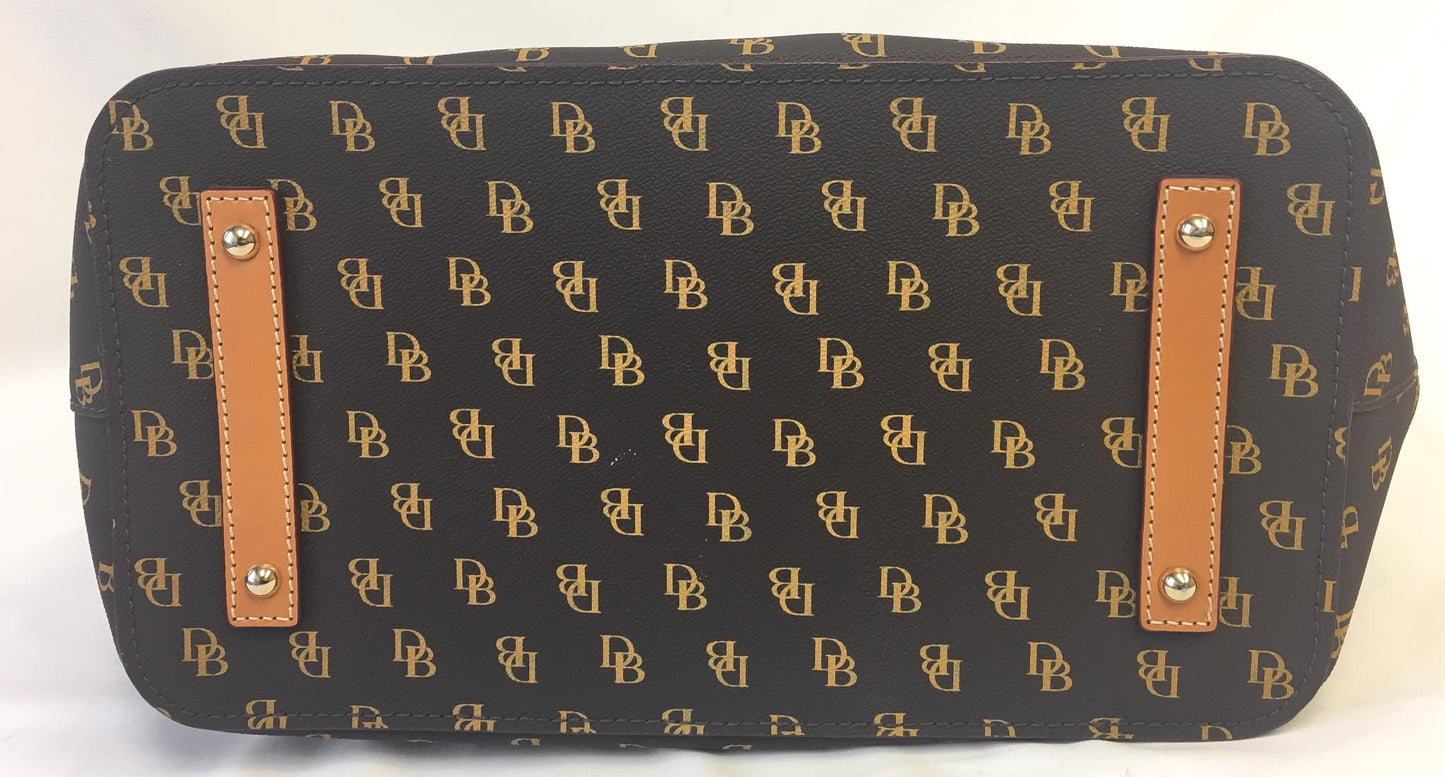 Modern Dooney and Bourke Celeste Brown Monogram Leather Crossbody Satchel Tote Bag, Classy Everyday Dooney Handbag