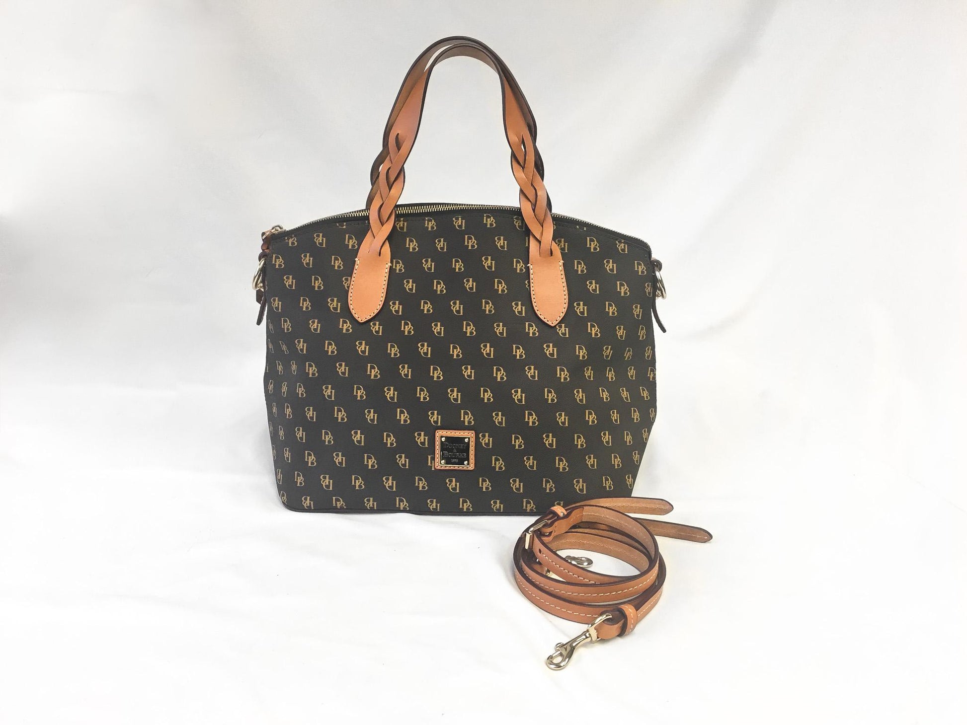 Modern Dooney and Bourke Celeste Brown Monogram Leather Crossbody Satchel Tote Bag, Classy Everyday Dooney Handbag