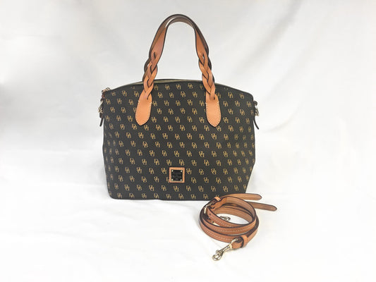 Modern Dooney and Bourke Celeste Brown Monogram Leather Crossbody Satchel Tote Bag, Classy Everyday Dooney Handbag