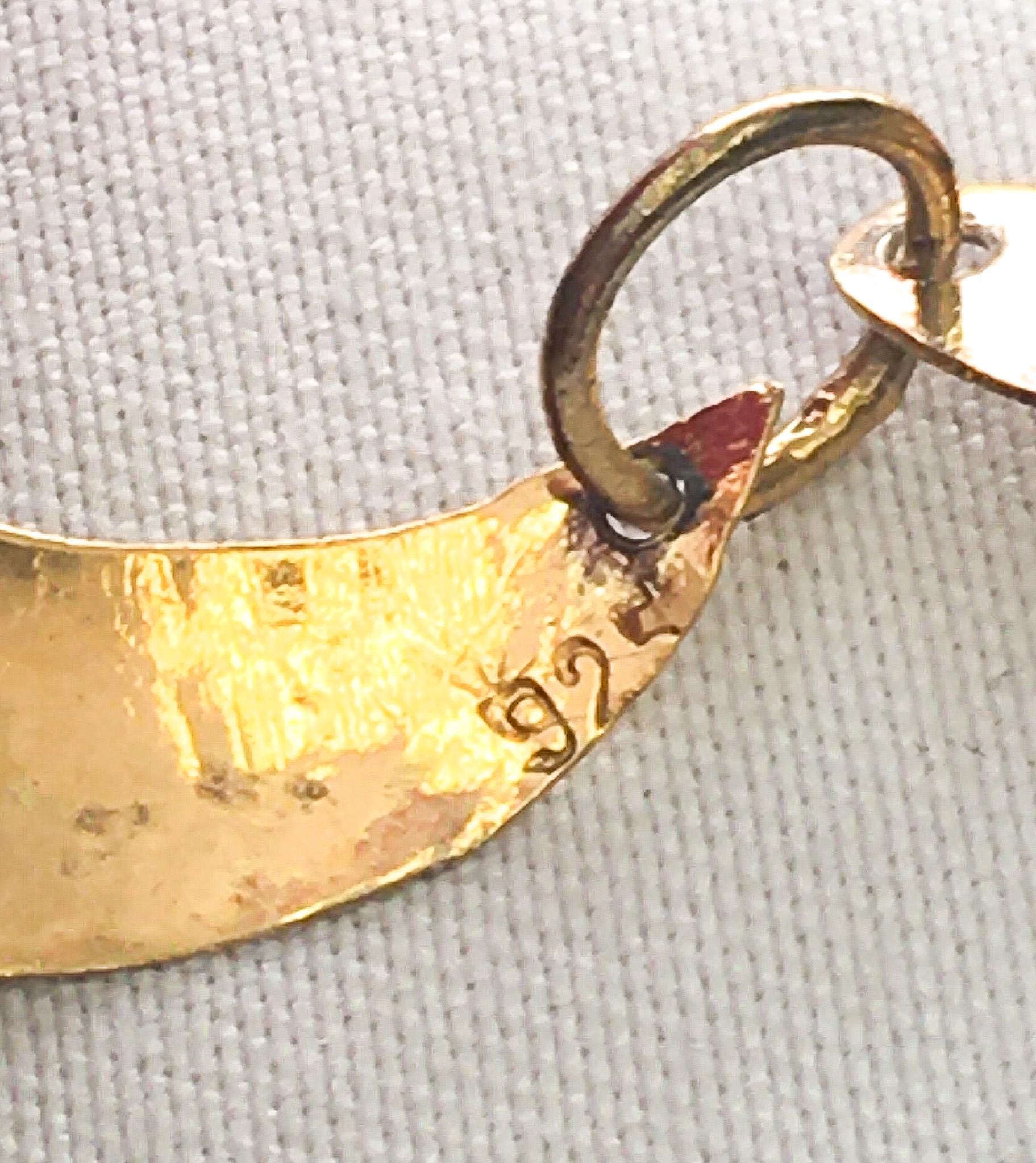 Vintage 925 Gold Toned Hammered Moon and Star Dangle Earrings, Unique Boho Celestial Earrings