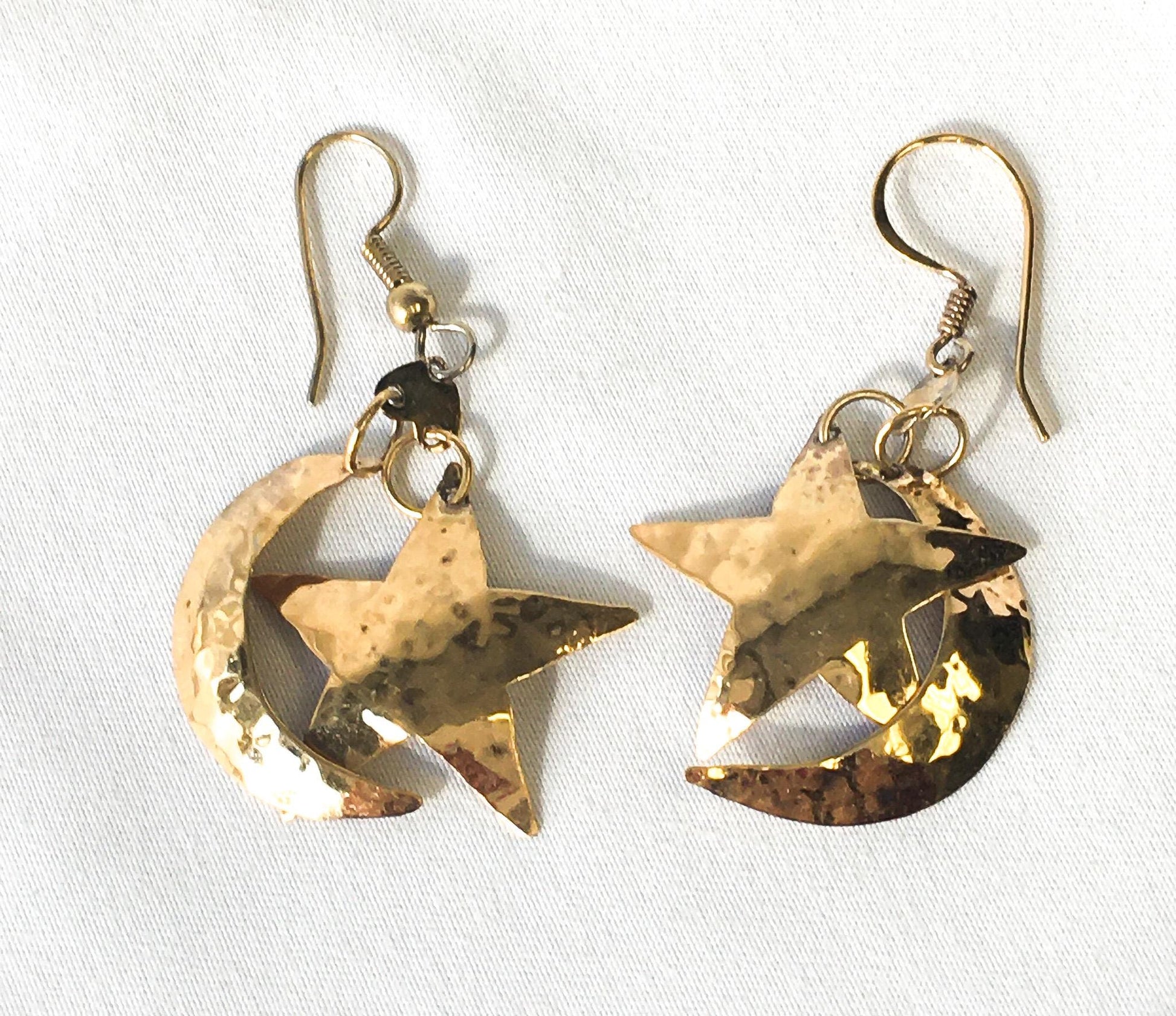 Vintage 925 Gold Toned Hammered Moon and Star Dangle Earrings, Unique Boho Celestial Earrings