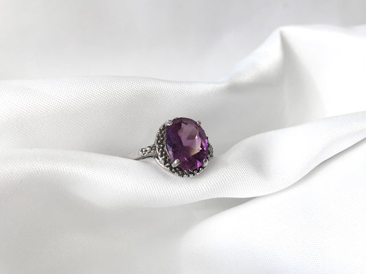 Vintage 925 Purple Sapphire Oval Cut Ring, Sz. 10.25, Elegant Regal Cocktail Art Deco Style Statement Ring