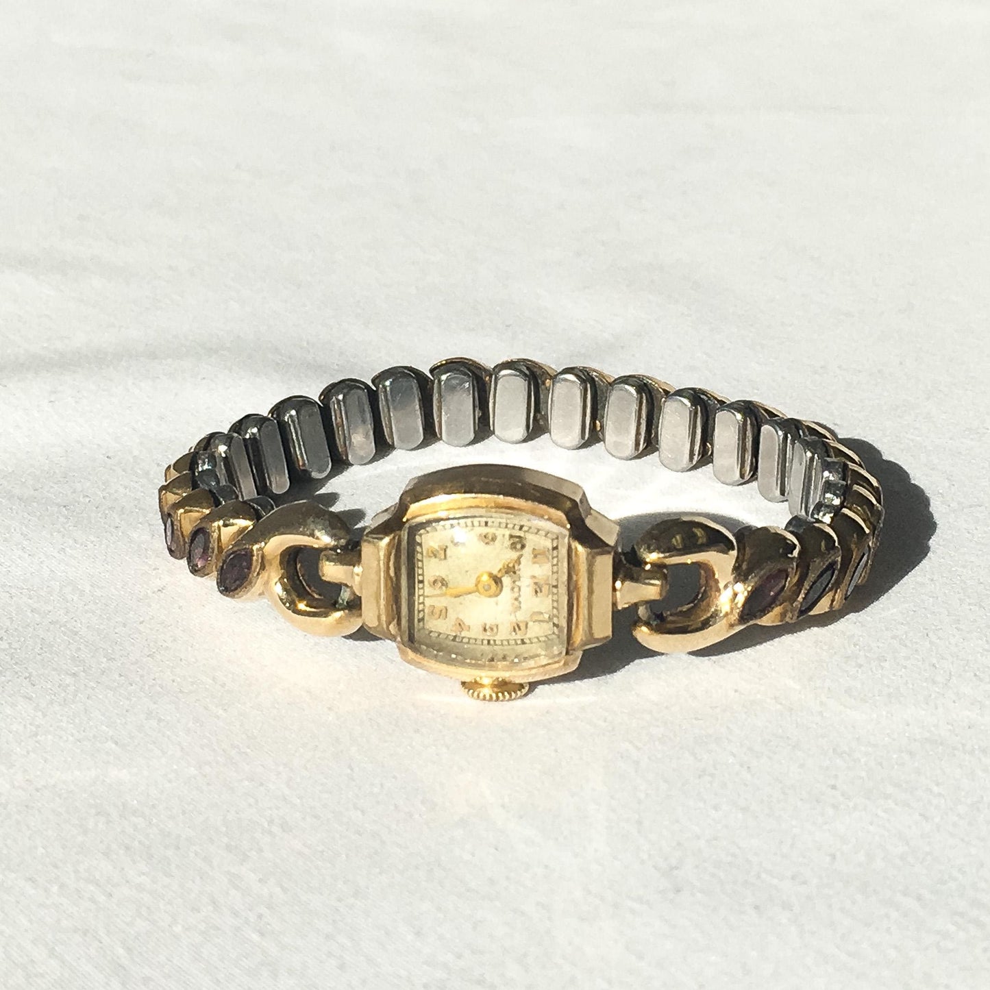 Vintage Bulova 10K Gold Filled Purple Glass Stone Expandable Wrist Watch, 4"-8", Unique Elegant Everyday Watch