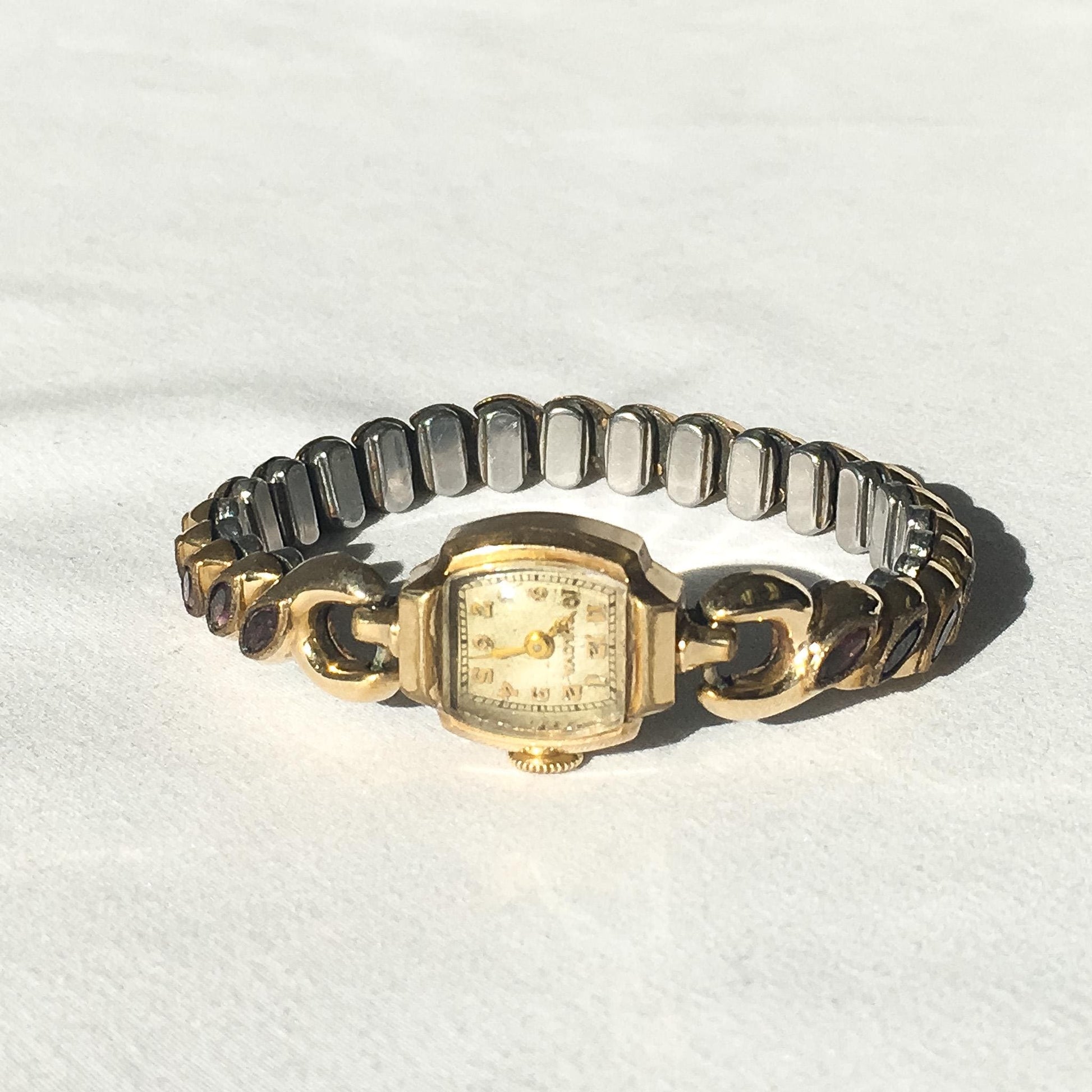 Vintage Bulova 10K Gold Filled Purple Glass Stone Expandable Wrist Watch, 4"-8", Unique Elegant Everyday Watch