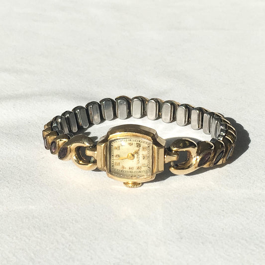 Vintage Bulova 10K Gold Filled Purple Glass Stone Expandable Wrist Watch, 4"-8", Unique Elegant Everyday Watch