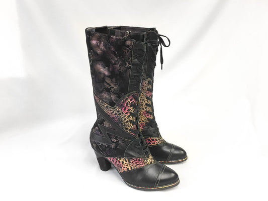 Vintage Inspired L'Artiste Malagie-Croco Black Metallic Lace Up Leather Boots, Approx. Women's 9.5, Unique Statement Boho Style Boots