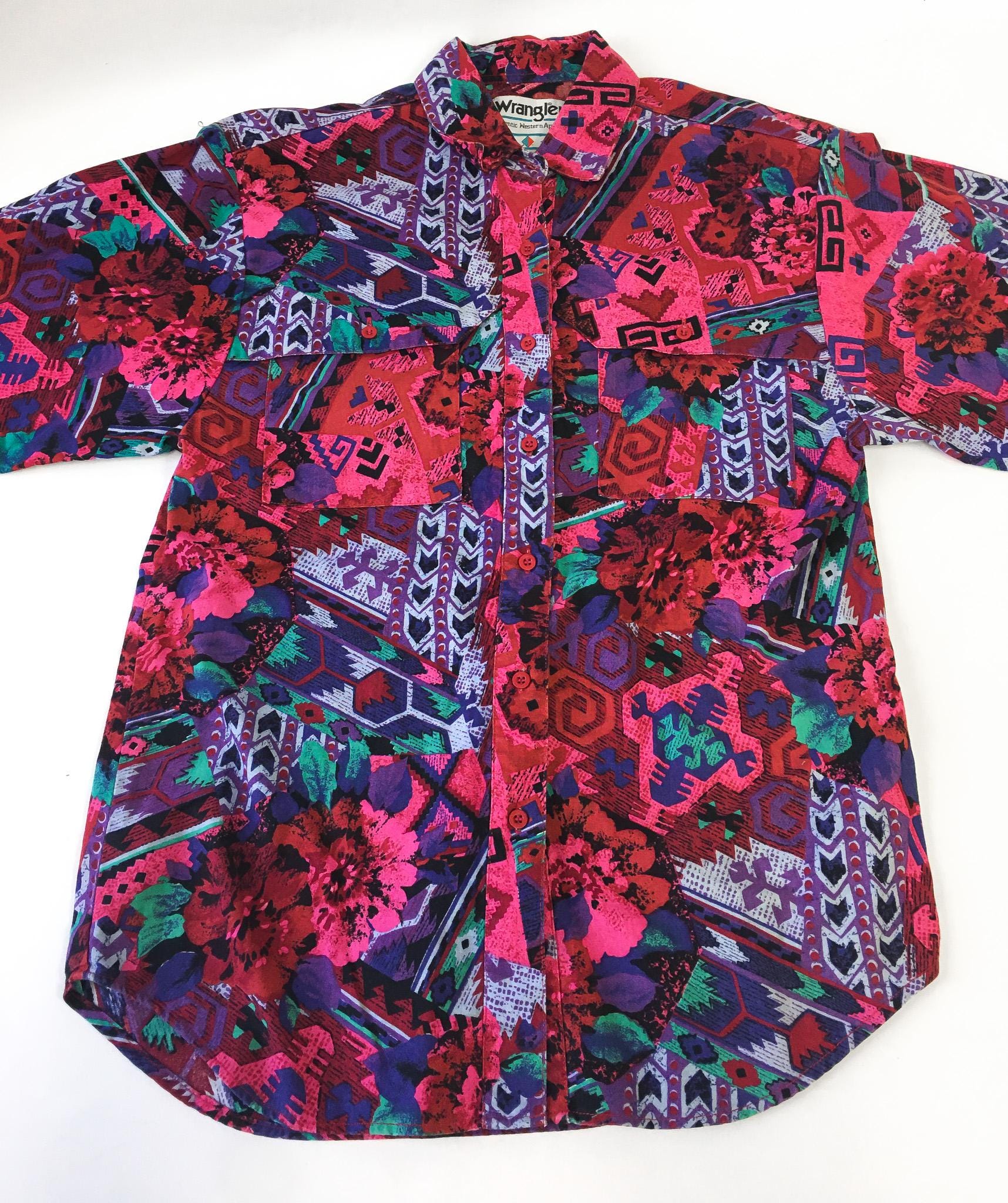 80s Wrangler Abstract Geometric Pink Multicolor Button Down, Approx. Women's Sz. S, Vintage Unique Western Shirt
