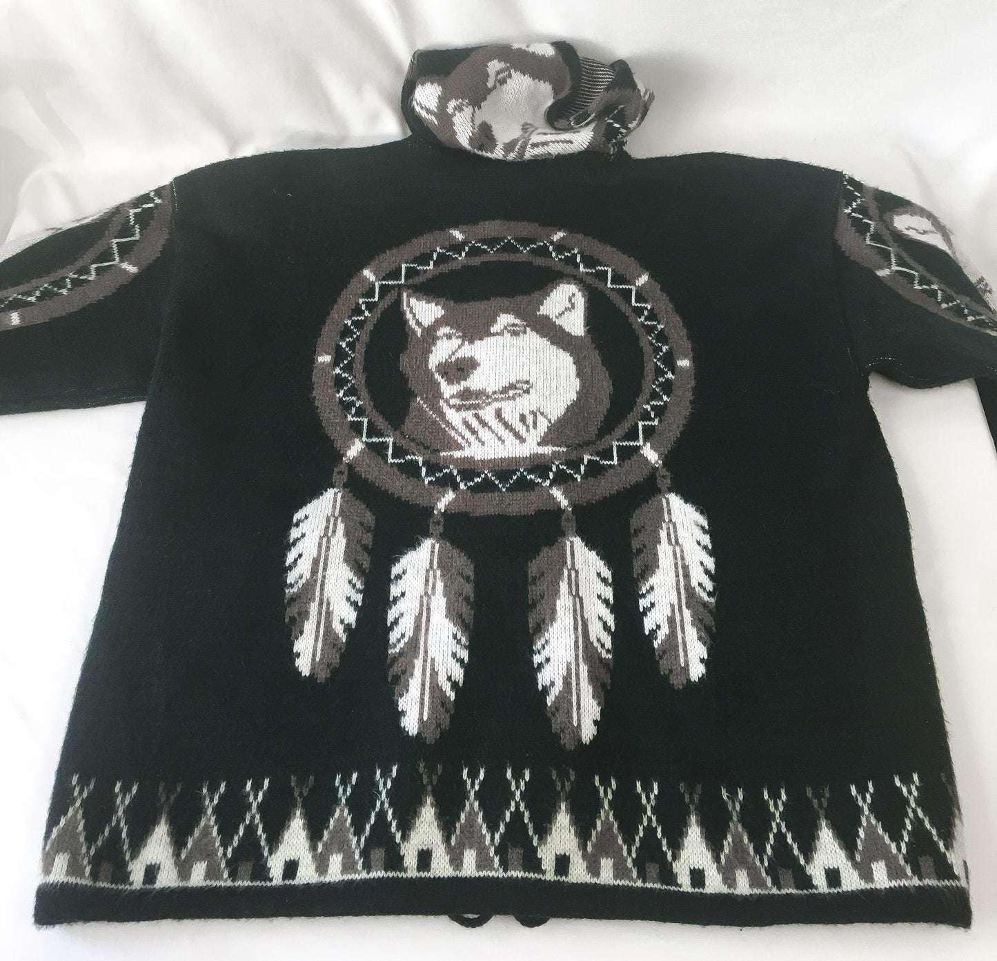 90s Yarina Forest Green/Black Wolf Dreamcatcher Wool Blend Native Style Zip Up Hoodie, Men's Sz L Unisex Native Western Style Sweatshirt