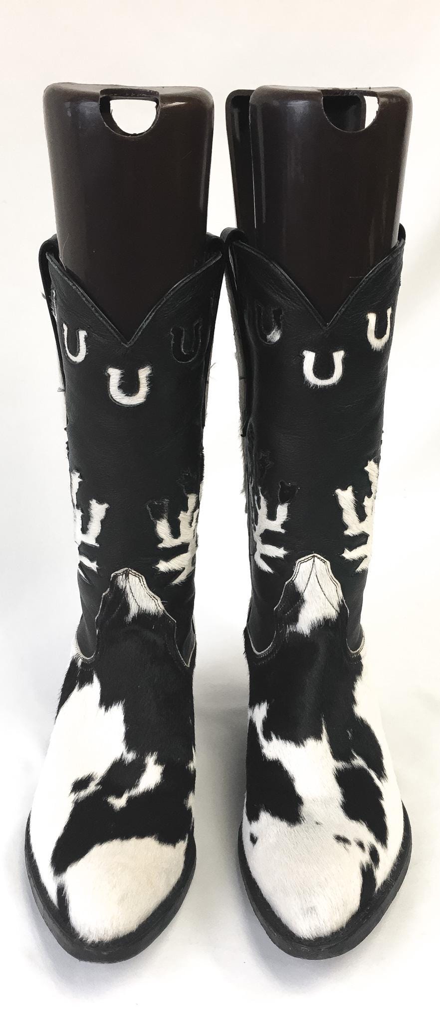 RARE Vintage Larry Mahan Black White Pony Horse Hair Cow Print Horseshoe Cactus Leather Cowboy Boots, Women's Sz. 7B, Unique Statement Boots