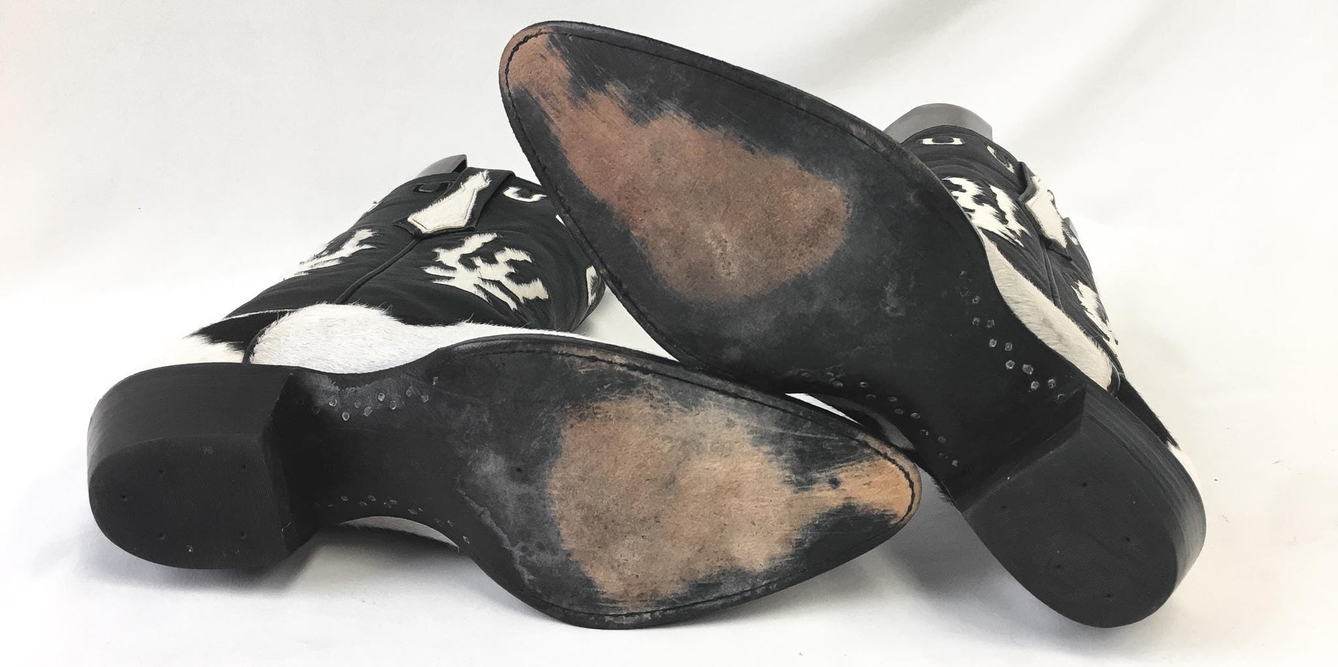 RARE Vintage Larry Mahan Black White Pony Horse Hair Cow Print Horseshoe Cactus Leather Cowboy Boots, Women's Sz. 7B, Unique Statement Boots