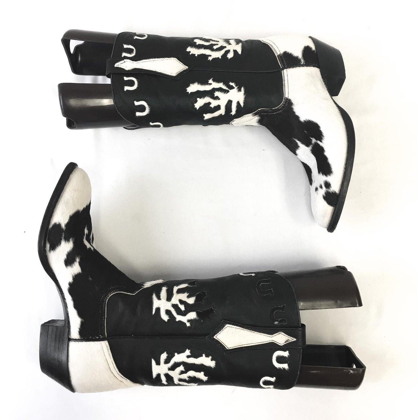 RARE Vintage Larry Mahan Black White Pony Horse Hair Cow Print Horseshoe Cactus Leather Cowboy Boots, Women's Sz. 7B, Unique Statement Boots