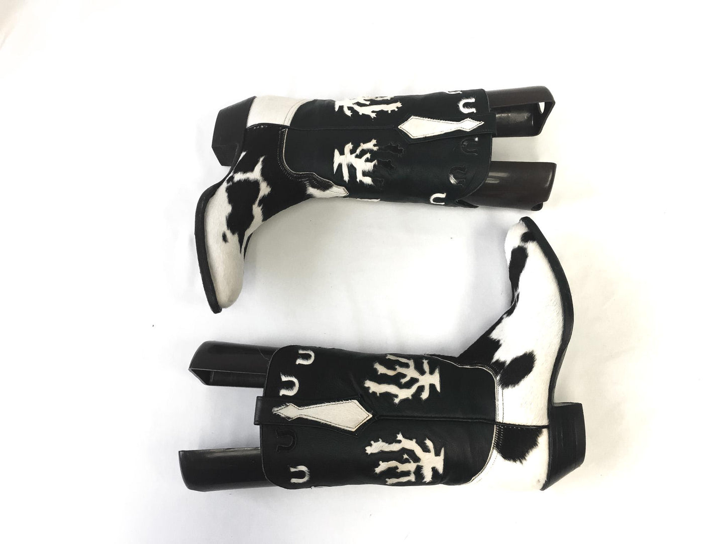 RARE Vintage Larry Mahan Black White Pony Horse Hair Cow Print Horseshoe Cactus Leather Cowboy Boots, Women's Sz. 7B, Unique Statement Boots