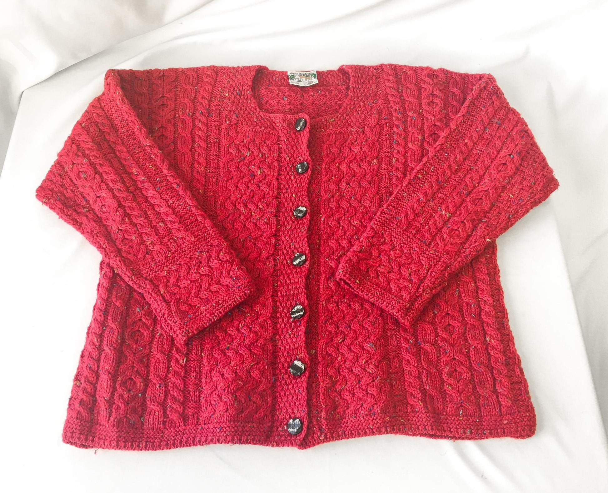 Vintage Connemara Knitwear Pink/Rainbow Speckled Pure Wool Button Up Cardigan Sweater, Women's Sz. L
