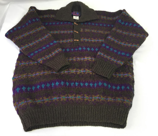 Vintage 90s Green Multicolor Striped Geometric Abstract Wool Quarter Button Up Sweater, Sz. L, Vintage Unisex Grandpa Style Sweater