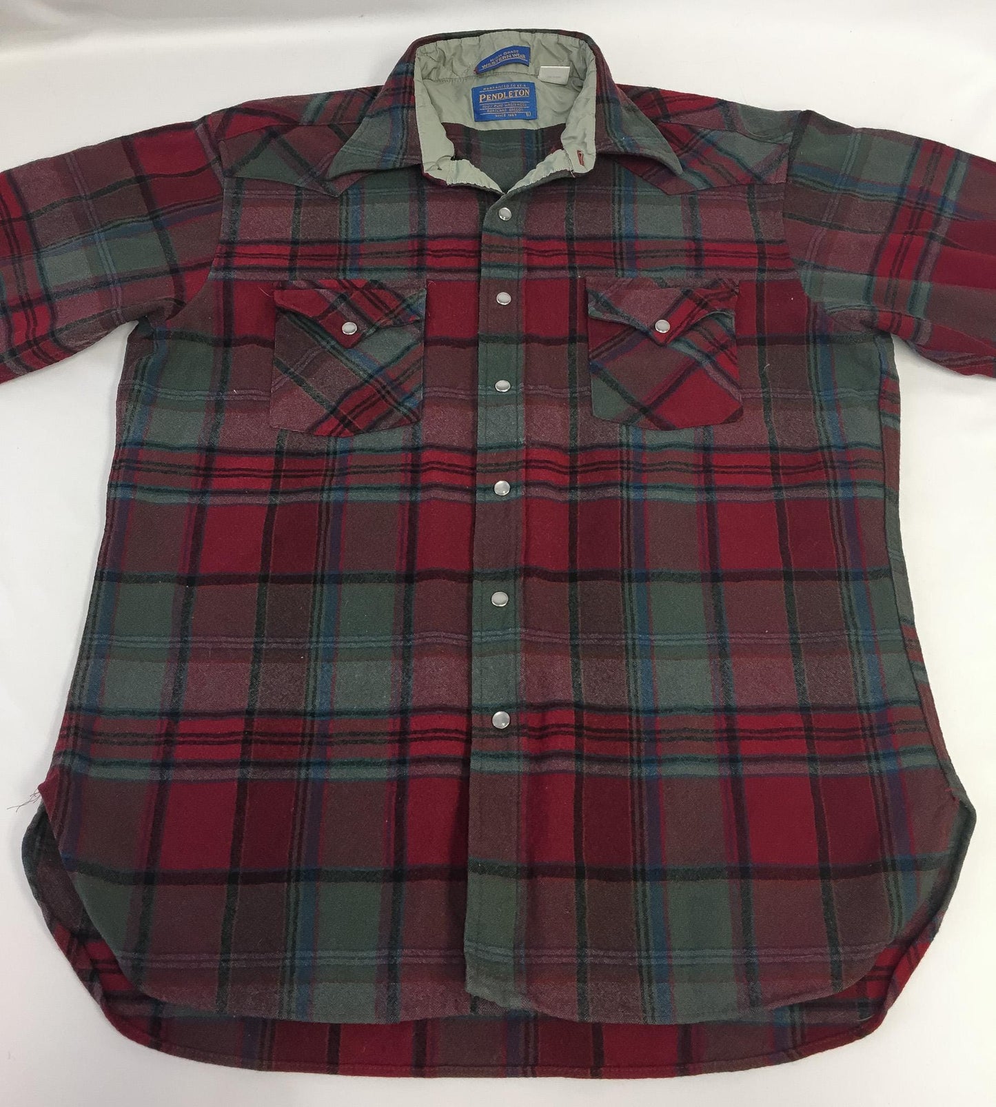 Vintage Pendleton Red/Blue/Green Plaid Wool Oxford Flannel Button Up, Unisex Sz. M, Vintage Western Shirt
