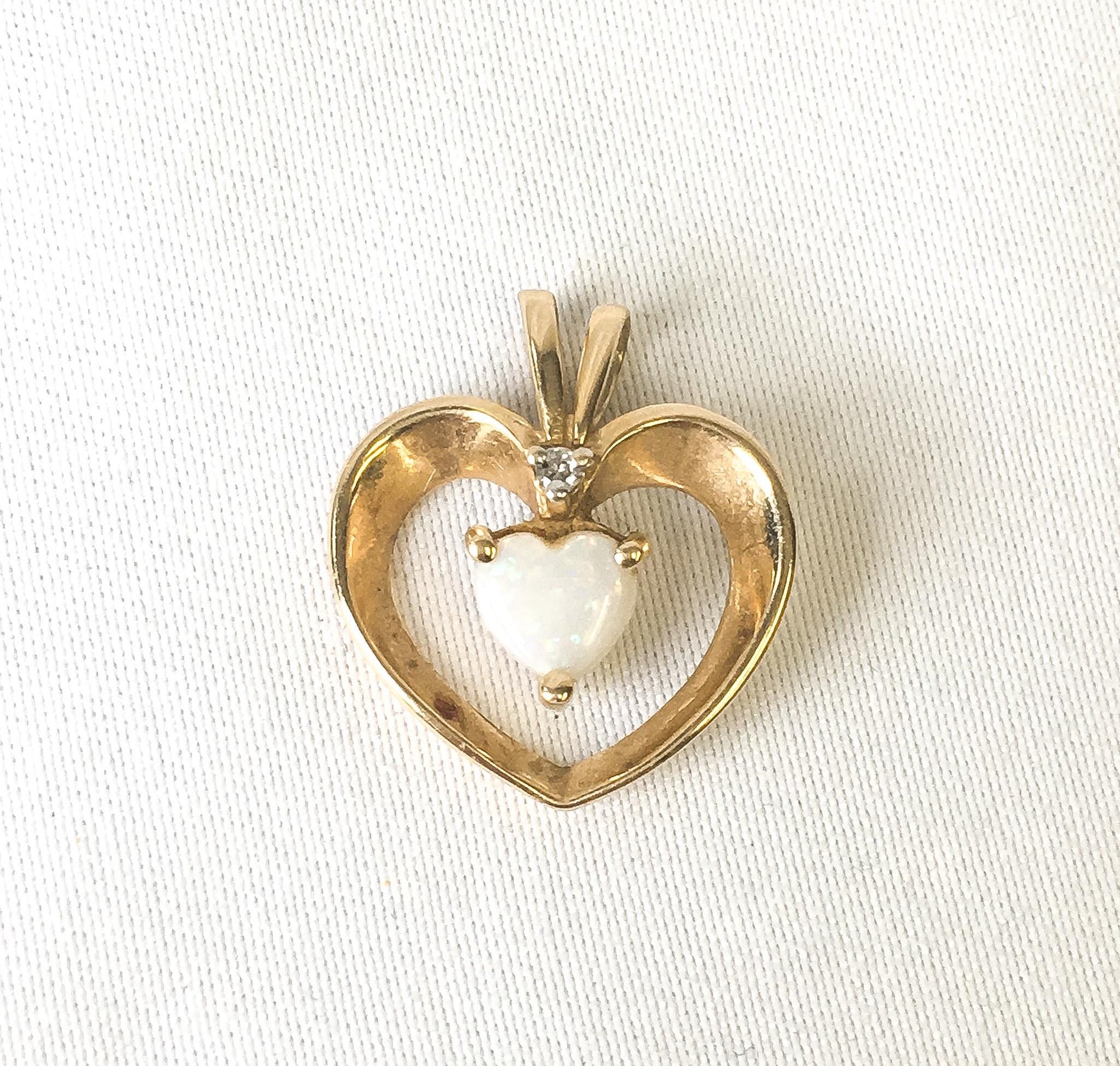 14K Yellow Gold Diamond Opal Heart Shaped Pendant, Dainty Simple Everyday Pendant