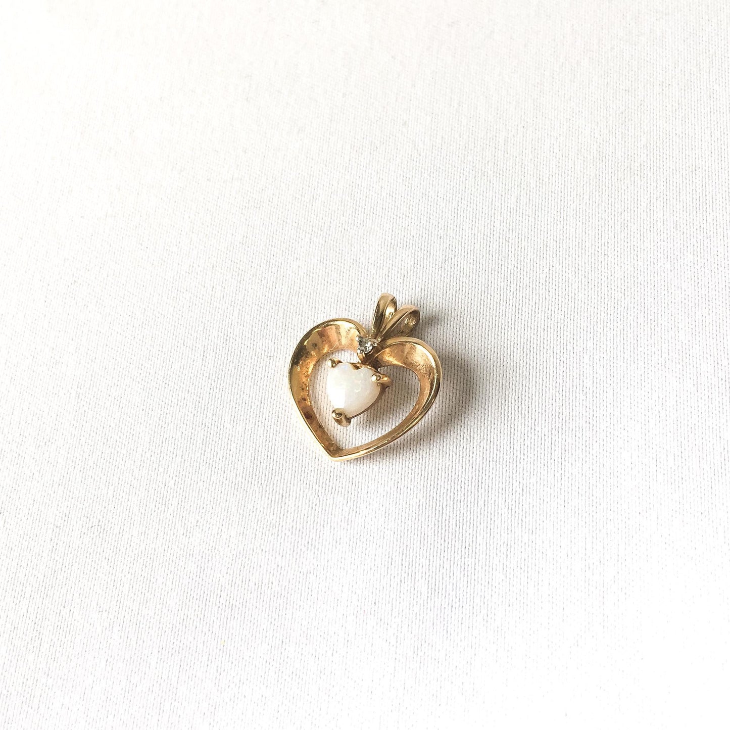 14K Yellow Gold Diamond Opal Heart Shaped Pendant, Dainty Simple Everyday Pendant