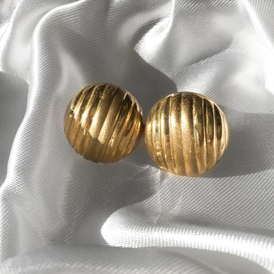 Vintage 14K Italy Yellow Gold Ribbed Dome Hollow Omega Back Stud Earrings, .75", Simple Elegant Minimalist Statement Earrings