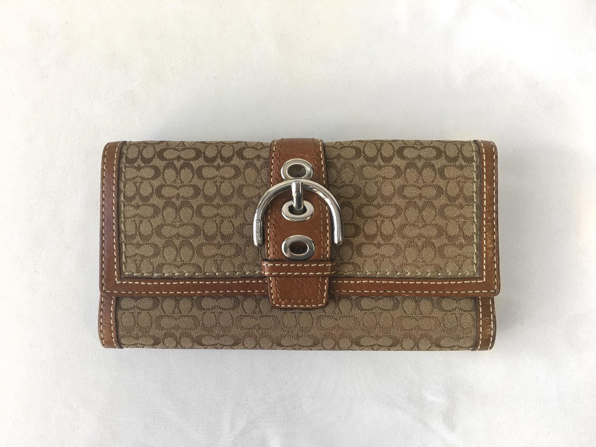 Y2K 00s Coach Beige Khaki Brown Soho Signature C Monogram Canvas Leather Wallet, Vintage Y2K Coach Handbag Accessories