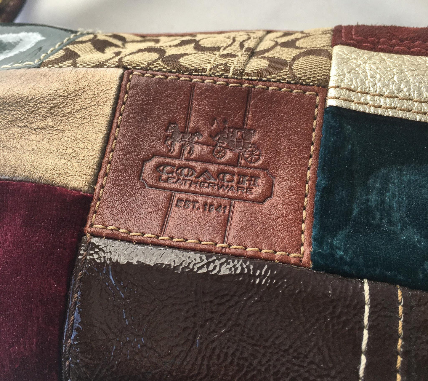 Y2K Coach Bleeker Holiday Patchwork Multicolor Sufflete Leather Suede Mini Bag, Style 40928, Vintage 00s Coach Handbag