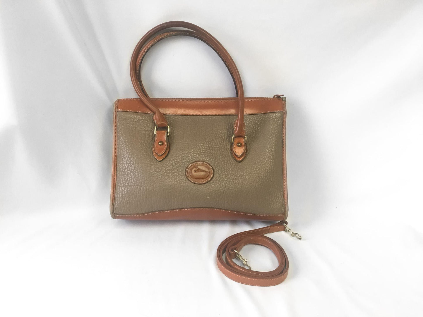 Vintage 80s Dooney and Bourke All Weather Beige Brown Leather Top Handle Crossbody Satchel