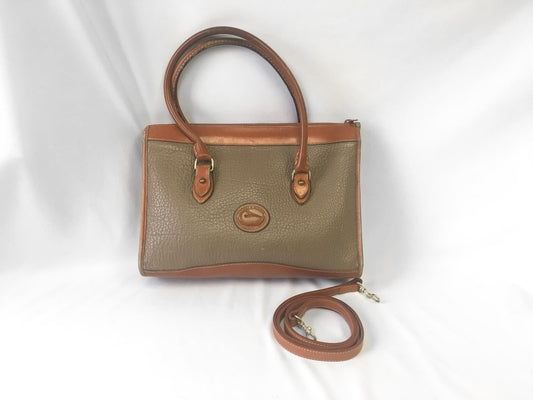 Vintage 80s Dooney and Bourke All Weather Beige Brown Leather Top Handle Crossbody Satchel