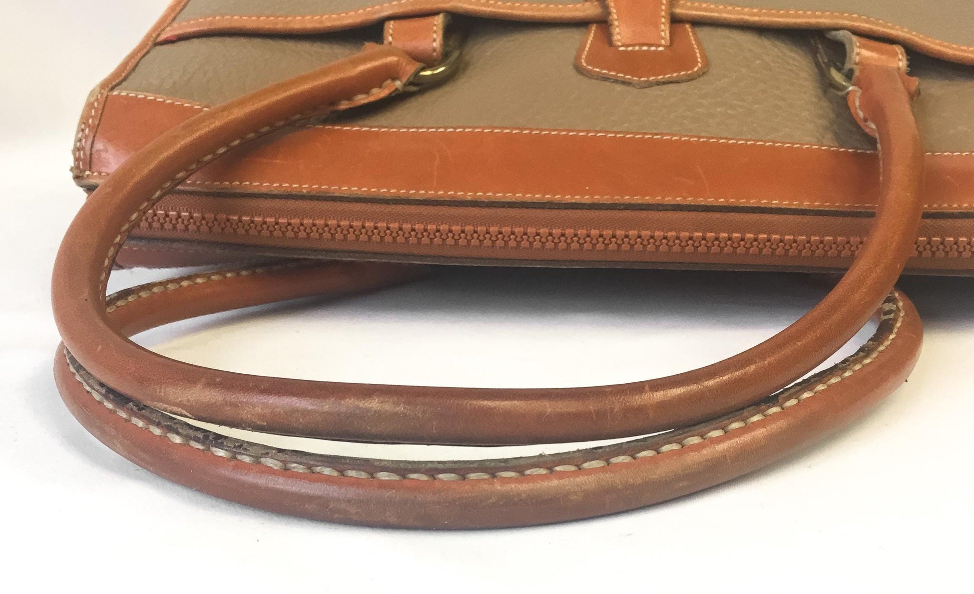 Vintage 80s Dooney and Bourke All Weather Beige Brown Leather Top Handle Crossbody Satchel