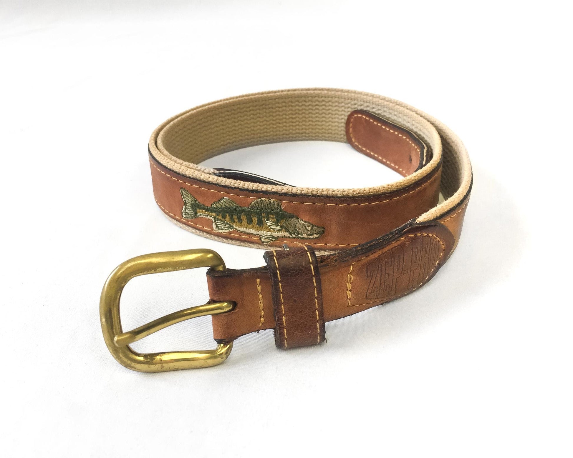 Vintage Zep-Pro Leather Canvas Embroidered Fish Belt, Sz. 38, Vintage Grandpa Dad Country Style Belt